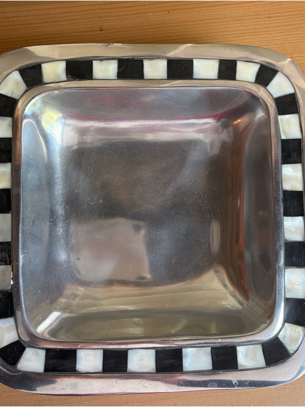 Towle Silversmith Square Serving Bowl with Mother of Pearl Checkered Border.